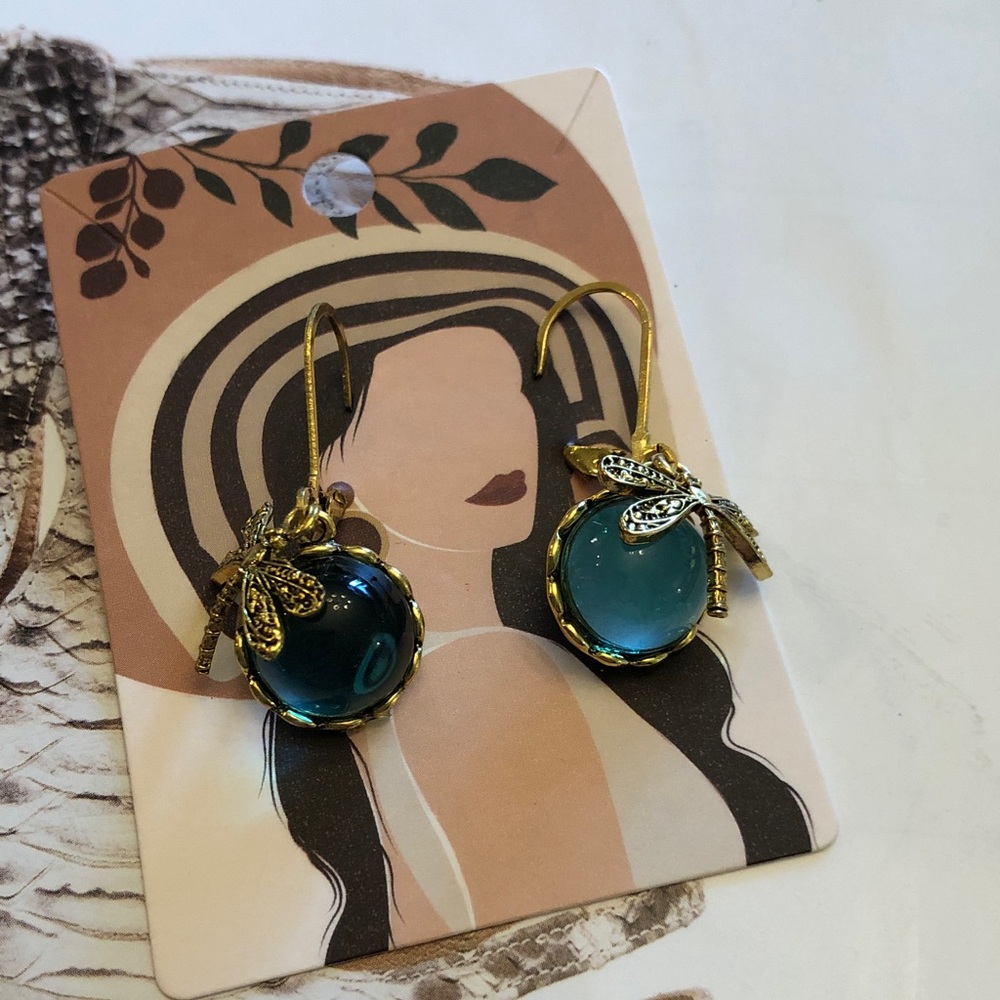 Antique look Gold tone pierced Dragonfly Teal Drop Earrings. NWOT.